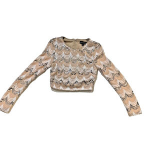 Crystal Doll Sequin Crop Top Womens Small Nude Sheer Long Sleeve Party Club Wear